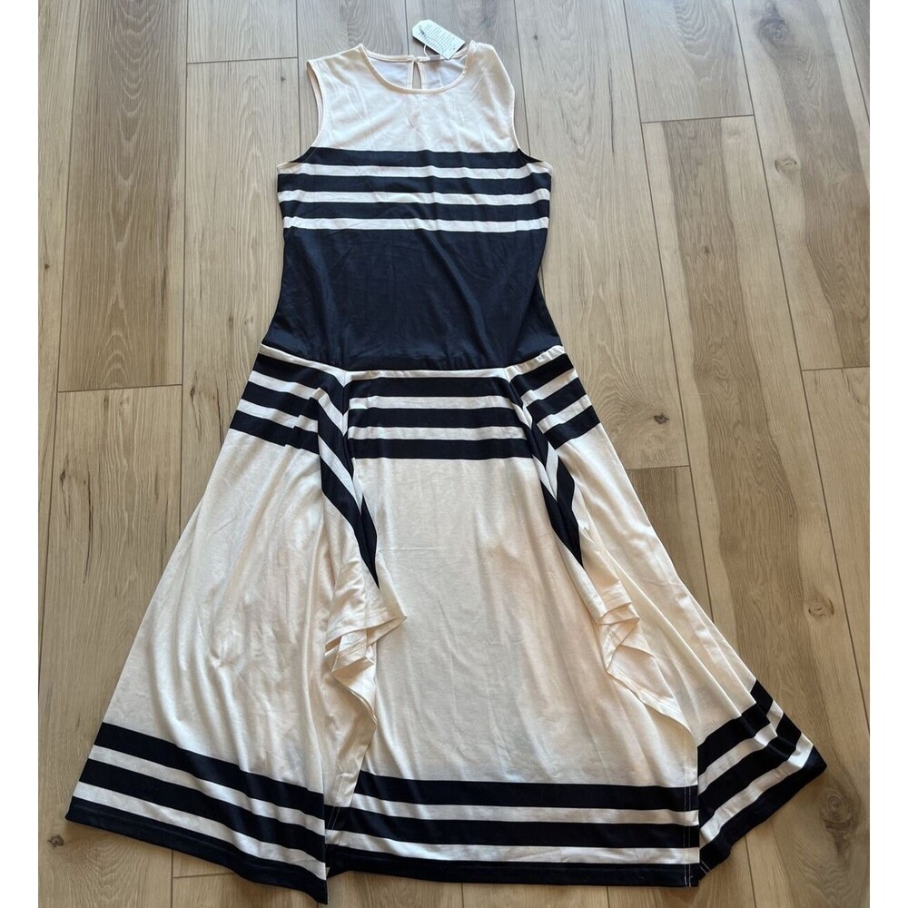 Round Collar Sleeveless Striped‎ Maxi Dress Cream and Black Waterfall Size M NWT